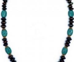Elegant Shades of Blue and Golden Beads Necklace with Stylish Hook in Mumbai Aakarshan