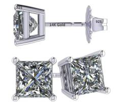 Elegant 14K Gold Princess Cut CZ Stud Earrings - 6.0mm 3.00cttw Platinum Plated - 1