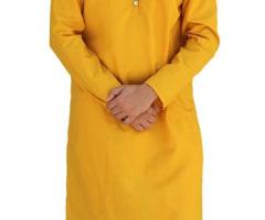Men's Mustard Yellow Cotton Kurta White Pant Style Pyjama Set