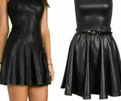 New Ladies PVC Wet Look Plus Belted Flared Celebrity Sexy Skater Dress UK 8-26 - 1