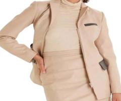 Stay Chic and Cool in Our Beige Leather Blazer with Zipper Closure