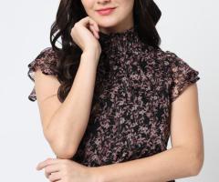 Women Floral Print Chiffon Black Top