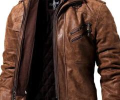 FLAVOR Men Brown Leather Motorcycle Jacket with Removable Hood