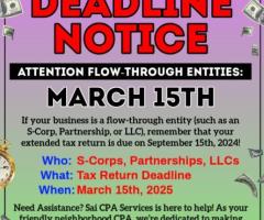 Sai CPA Services | Tax Deadline: March 15th – Act Now!