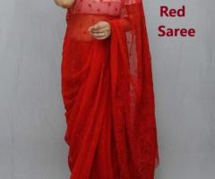 For Sale: Hand Embroidered Lucknowi Chikan Red Saree