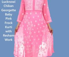 Hand Embroidered Lucknowi Chikan Georgette Baby Pink Frock Kurti with Resham Work